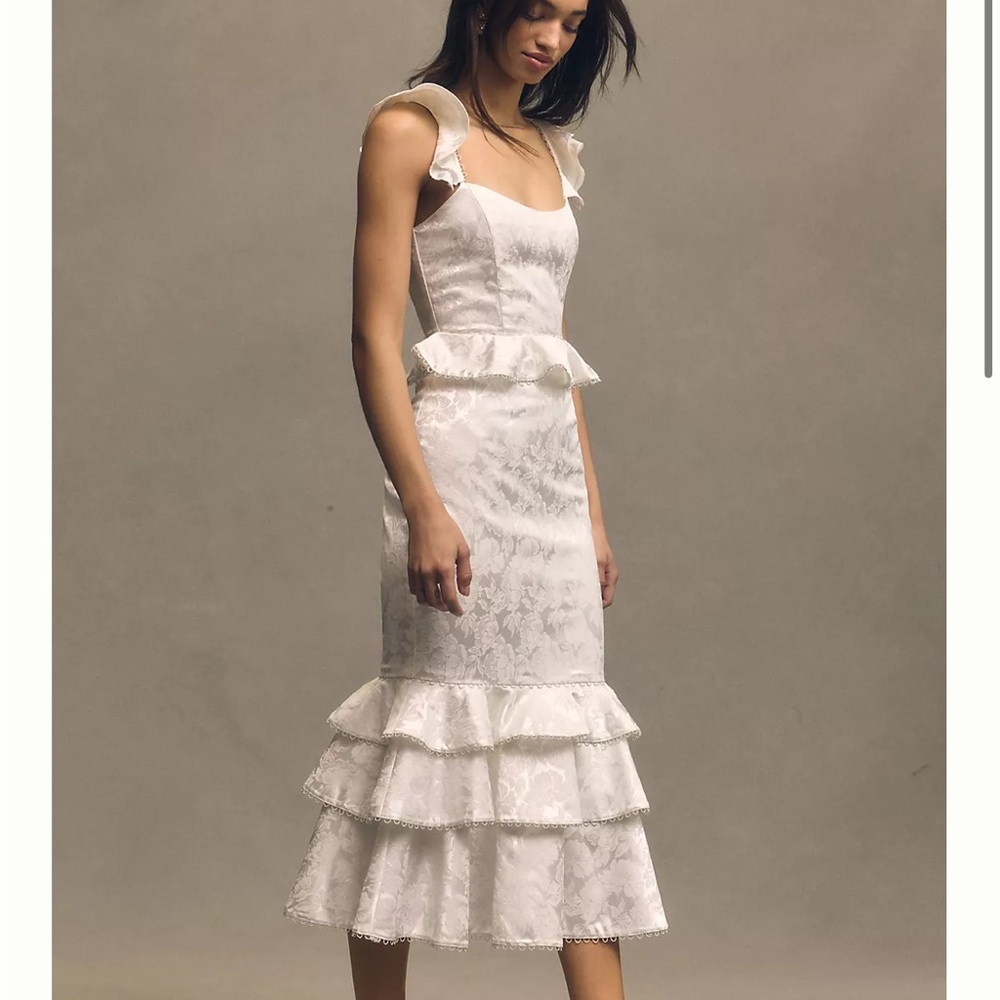 V. Chapman Violet Corset Ruffled Tiered Hem Midi Dress